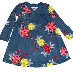 Tea Collection Girls Long-Sleeve Floral Print Cotton Dress Blue/Red Size 7